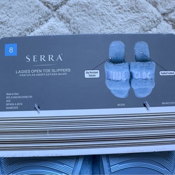 Aldi X Serra | "Wine O Clock" Light Blue Fuzzy Ladies Open Toe Slippers | Size 8 - Picture 6 of 6